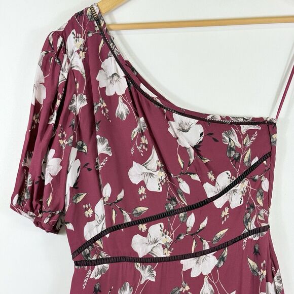 La Maison Talulah Maroon Floral One Shoulder Midi Cottage Dress Women's Small - Picture 2 of 6